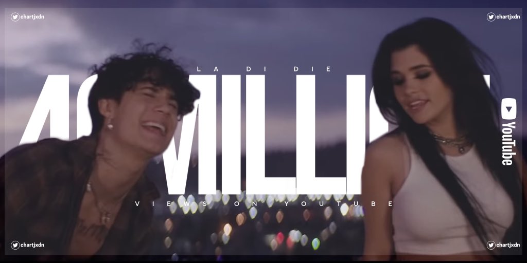 chartjxdn's tweet image. The music video for &quot;la di die&quot; has surpassed 40 million views on YouTube, it is @jxdn&apos;s most watched video on the platform.