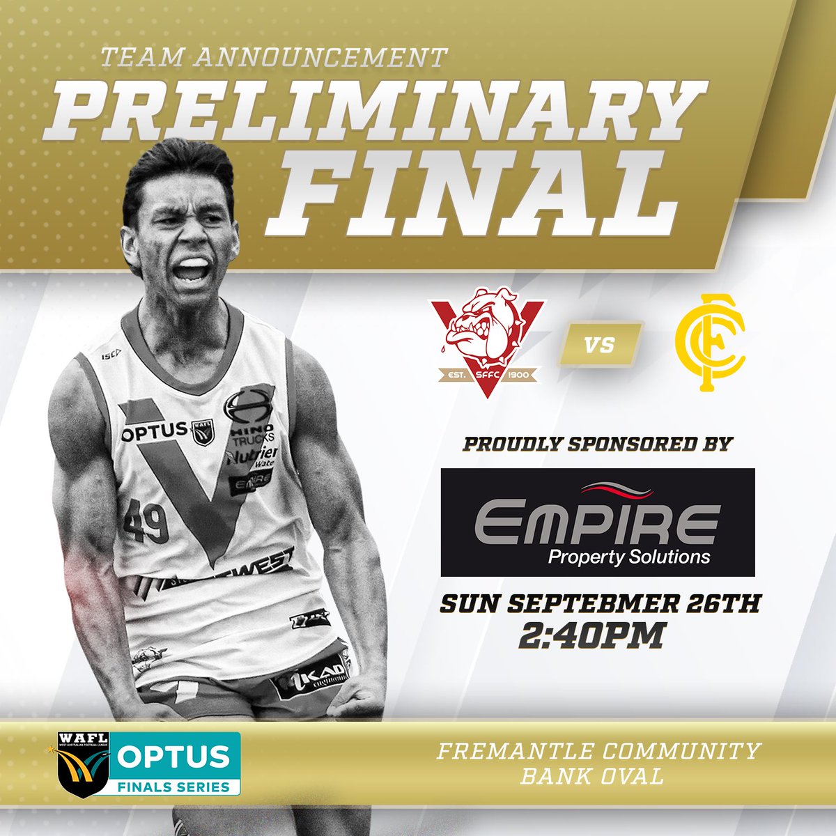 SFFCBulldogs's tweet photo. IT'S NOW OR NEVER ๐
๐ Prelim Final Sunday
๐ Fremantle Community Bank Oval
โฐ 2:40pm
๐ก Kidsโ Corner from 11:30am
๐ Team Store open from 12:00pm https://t.co/CGsCqeyrve