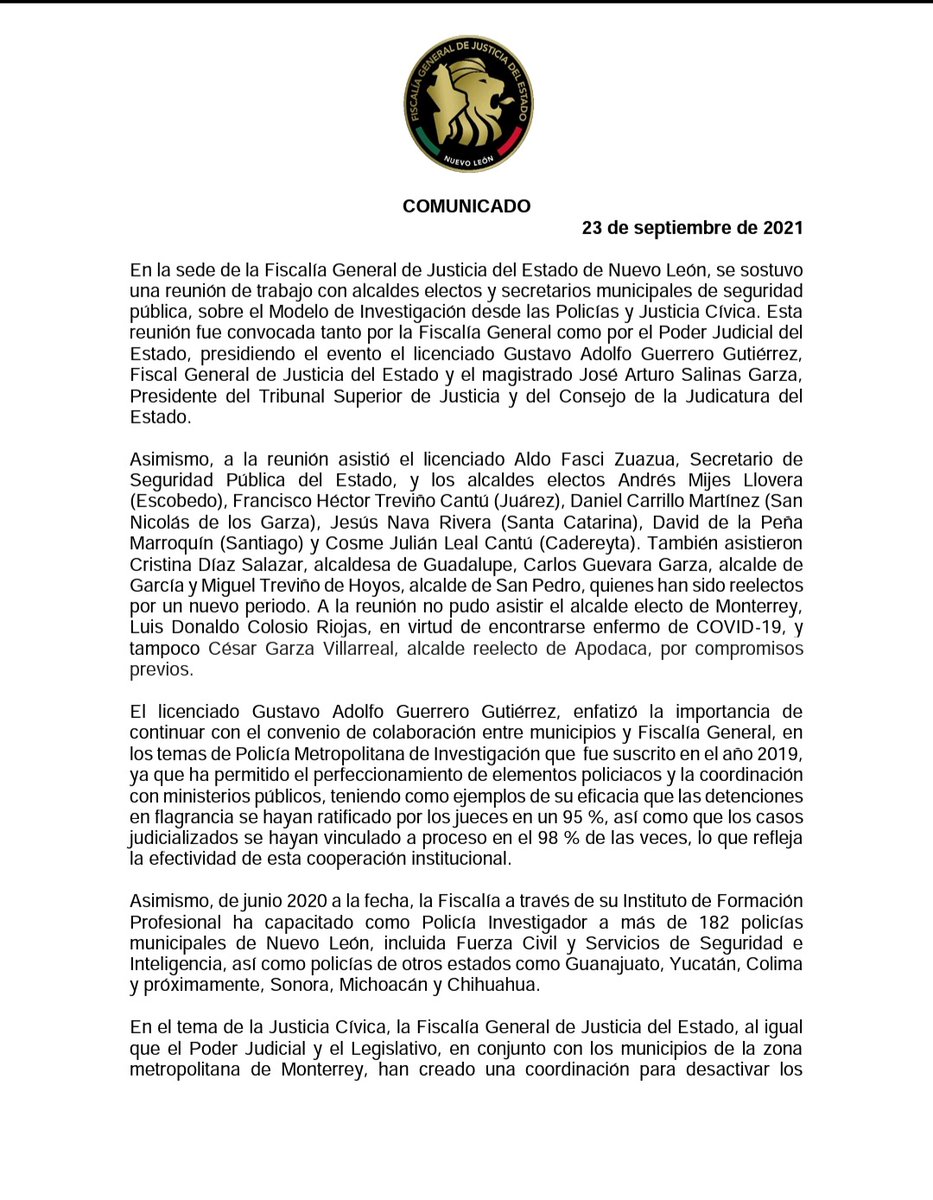 FiscaliaNL's tweet photo. Celebran reunión Alcaldes Electos con el Fiscal General de Justicia del Estado y Poder Judicial. Se presentan resultados del convenio sobre Policía Metropolitana de Investigación y Justicia Cívica. https://t.co/4nfEx37zOv