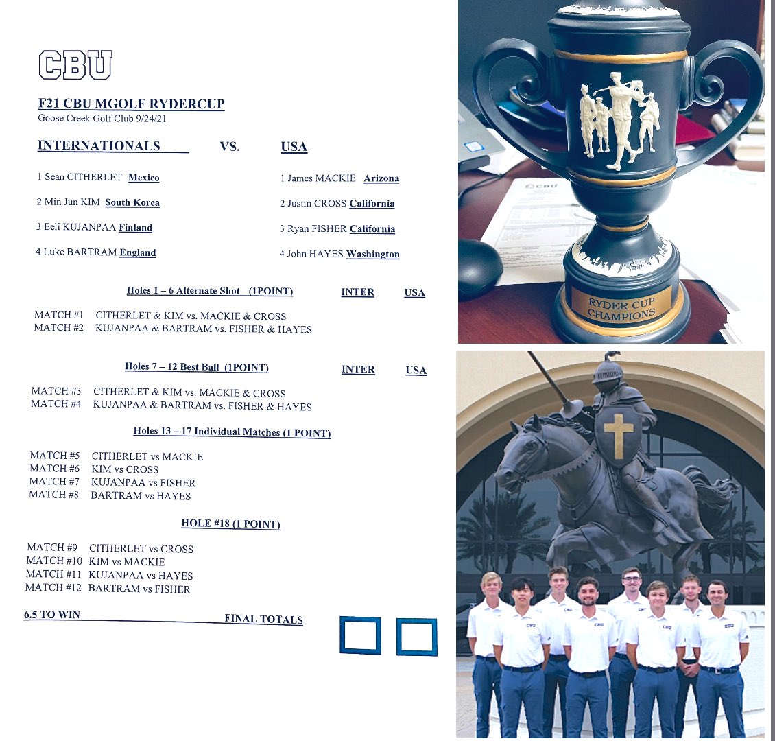 tl_coach's tweet image. In the spirit of the game decided to have a @CBUMensGolf #RyderCup of our own tomorrow @GolfGooseCreek Internationals vs USA #LanceUp⚔️