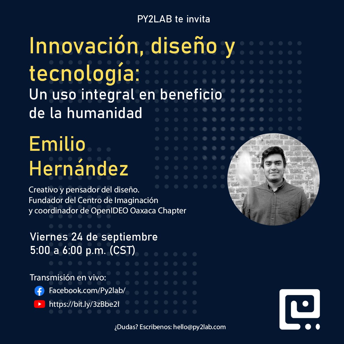 py2lab's tweet image. Mañana será nuestro #1 aniversario y lo celebraremos con este semninario de diseño, tecnología e innovación. Dale click al link de abajo para asistir ⬇️ eventbrite.com.mx/e/innovacion-d…