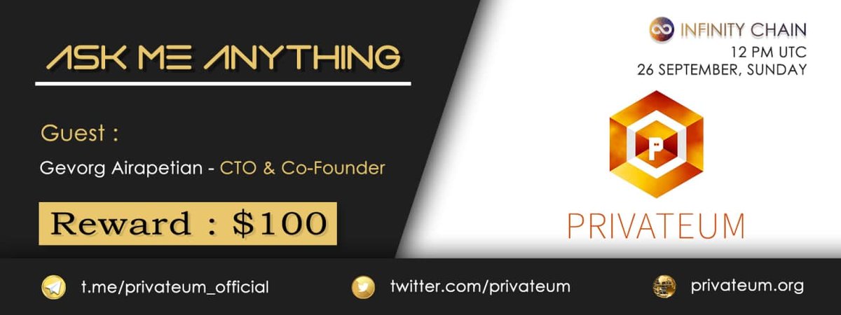 Infinity_Chains's tweet photo. Hello community, We're having an #AMA with Privateum on 26 September 2021 | 12 PM UTC

Rules: 
1. Detail https://t.co/7o4iMssvhQ
2. Follow Twitter 
@Infinity_Chains &amp; @privateum
Like, Retweet, Comment max 3 Question &amp; Tag Your Friends https://t.co/WZDRZjisue