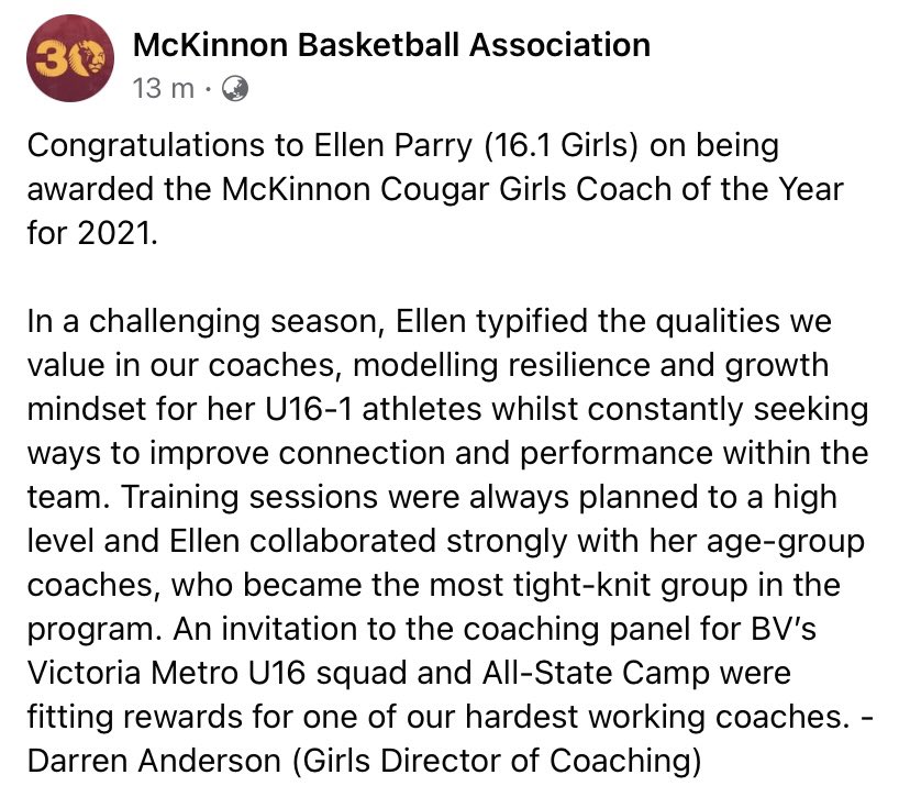 eparrycoaching's tweet image. Incredibly grateful to be recognised by @mckinnonbball as their Girls Program, Coach of the Year. I’m proud to be at a club that appreciates and recognises what coaches do off court and how important that is. Process &amp;gt; Results ❤️💛