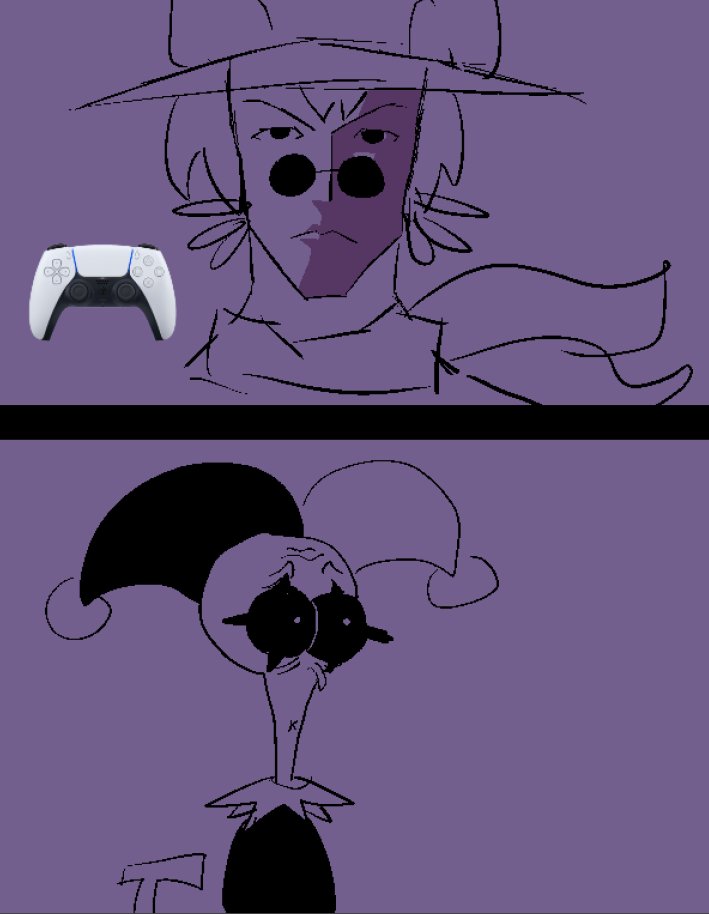 friend had the hardest time fighting jevil today and beat him as soon as he started using his ps5 controller and i drew this as fast as i fucking could 