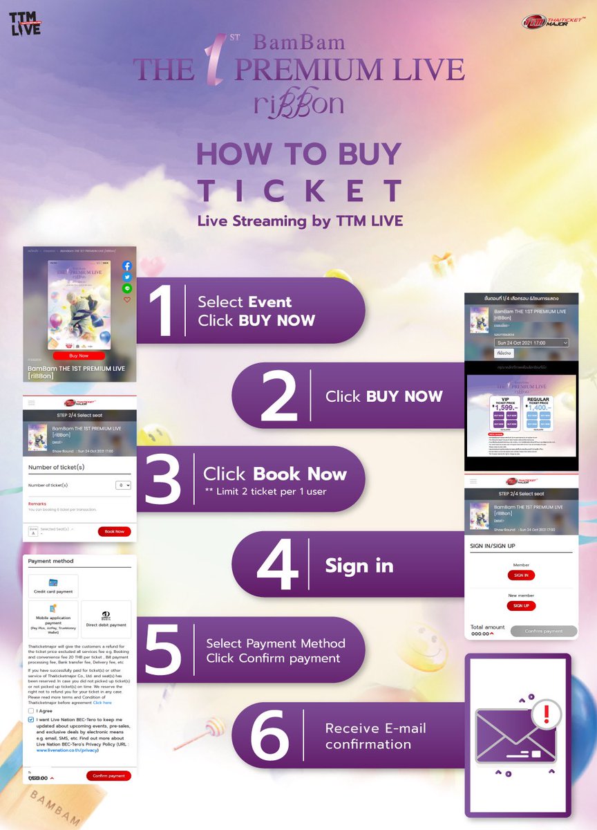 ThaiTicketMajor's tweet photo. 🎫HOW TO BUY TICKET AND HOW TO WATCH "BamBam THE 1ST PREMIUM LIVE [riBBon]" 

📍Ticket available on Saturday 25th September at 10AM (THA) onwards on https://t.co/sSa0AWjFLI

#BamBamTHE1STPREMIUMLIVEriBBon #BEX #BamBam #ABYSS #Thaiticketmajor #TTMLIVE https://t.co/7SmzygihBC