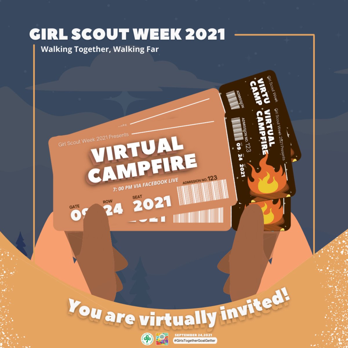 GirlScoutsPH's tweet photo. Let's get lit! 

You are warmly invited to join and witness the cheerful songs, the magnificent presentations, and the  wonderful activities of the Girl Scout Week 2021 Virtual Campfire. 🏕

#GSWeek2021 #WalkingTogetherWalkingFar #GirlsDay #GirlsTogetherGoalGetter https://t.co/B5mDbxXIXJ