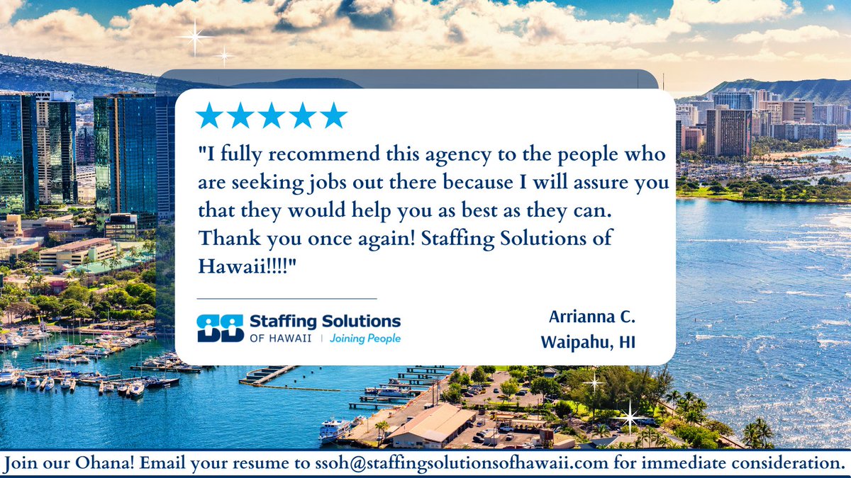 StaffingHawaii's tweet photo. Mahalo Arrianna for the 5-star review on Yelp! ✨
@staffinghawaii is hiring for the BEST organizations in Hawaii ➡️ Browse now: https://t.co/CYYyG4Gulx
.
.
.
#Hawaii #HawaiiJobs #Honolulu #Oahu #luckyweliveHawaii #hawaiiishiring #Maui #Kauai #BigIsland #Waikiki https://t.co/bX073L2ft8