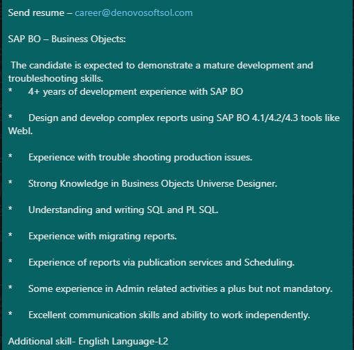 denovosoftsol's tweet photo. #denovojobs #denovo
Vacancy for-SAP BO
Location-Dwarka ,Delhi
Experience-4+ years
External ID-1717601  

Send resume – career@denovosoftsol.com
#SAP #SAPBO #salhana #sapabap #saphiring #sapmodule #sapbusinessobject #sql #plsql #sqlserver #programming #coding #developer https://t.co/paff8Uow1m
