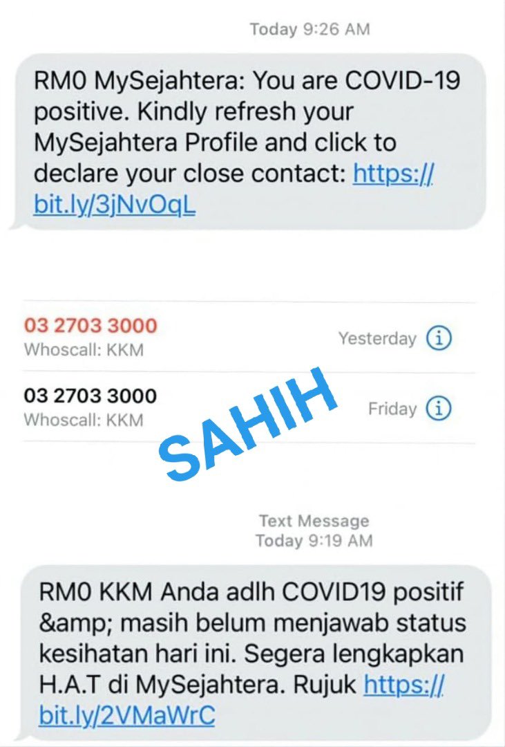 KKMPutrajaya's tweet photo. Mesej ini adalah sahih. KKM sedang menghubungi kes COVID-19 melalui panggilan telefon 03-2703 3000 dan melalui SMS untuk mengingatkan mereka supaya mengisi Penilaian Kendiri (HAT) dalam MySejahtera bagi pemantauan CAC Maya. 

-CPRC Kebangsaan KKM- https://t.co/V85WvRBuGP