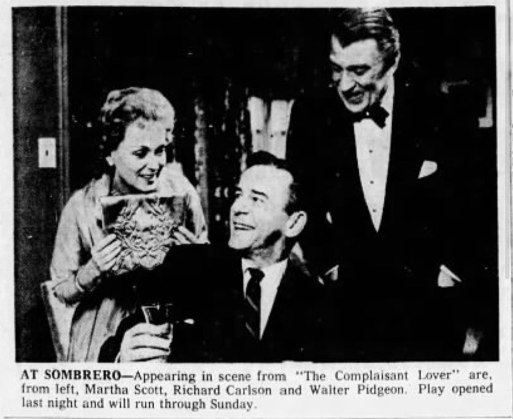 Here’s a photo of #MarthaScott, #RichardCarlson and #WalterPidgeon in “The Complaisant Lover” by Graham Greene, at The Sombrero Playhouse in Phoenix, Arizona on March 13, 1962.