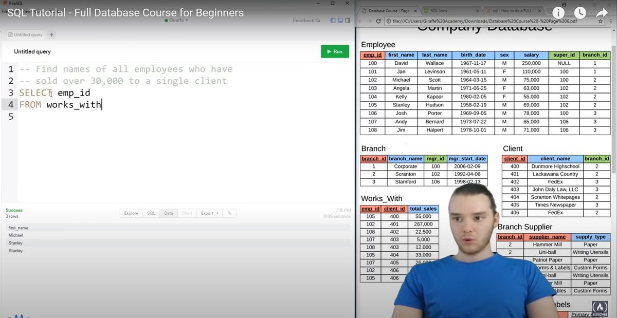 raj_pabnani's tweet image. Completed SQL part for the interview with  the help of this Awesome 4 hours long video . Thanks to @freeCodeCamp  for providing such a awesome content #FreeCommunity is awesome