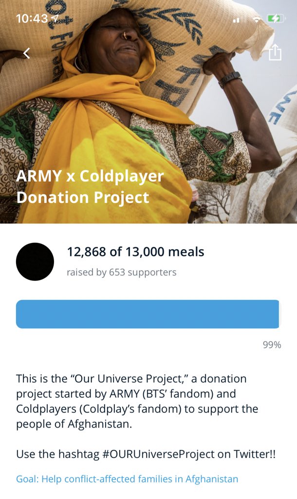 minasfirstlove's tweet photo. Just so you guys know, the #OURUniverseProject is still open for you to donate too. ARMYs and Coldplayers have so far donated almost 13k meals to Afghanistan!! 💜🐙
@coldplay @BTS_twt https://t.co/L3AlWUga8F