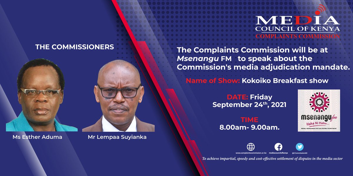 CCommissionKE's tweet photo. Commissioners Ms Esther Aduma and Mr Lempaa Suyianka are at Radio Msenangu this morning where they enlightened the public on the Complaints Commission's media adjudication mandate. https://t.co/NA8FtRnhf3