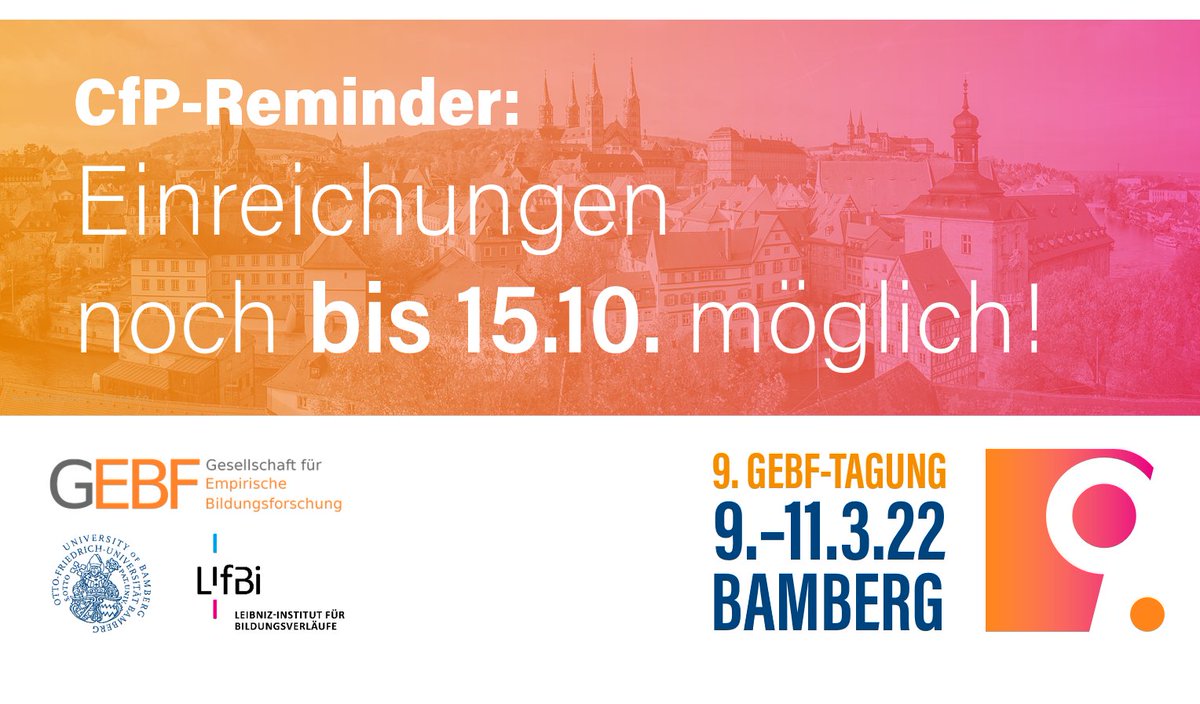 gebf2022's tweet photo. #GEBF 2022: Jetzt Beitrรคge einreichen!
Der Call for Papers ist noch bis 15.10.'21 offen:
โก๏ธ https://t.co/BZVhJqaFI7
Thema der Tagung ist:
"Alles auf Anfang? Bildung im digitalen Wandel"
#GEBF2022 #CfP #DoNotProcrastinate https://t.co/Z985EUt3J5