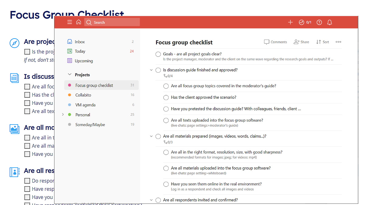 collabito's tweet photo. We’re big fans of @todoist - here is our focus group checklist template to download and use in your Todoist projects: https://t.co/iWhFZOsy9k https://t.co/yrtzKpZw0u