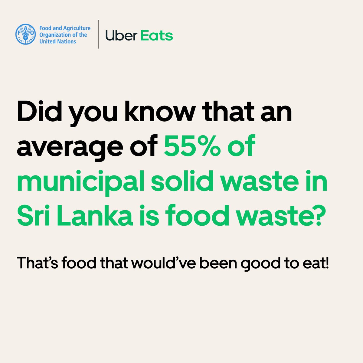 There is never room for food waste!  

<a href="/UberEats/">Uber Eats</a> in #SriLanka have joined forces with FAO to share simple actions 🙌 that you can take at your home or even at your workplace to reduce #foodwaste. 

Check out <a href="/UberEats/">Uber Eats</a> for more!

#StopFoodWaste #ClimateAction #NotWasting #FLWDay