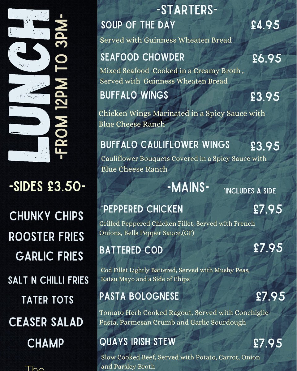 quaysbar's tweet photo. 📢   ℕ𝕖𝕨  L U N C H  𝕄𝕖𝕟𝕦 𝔸𝕝𝕖𝕣𝕥

We’re launching our new lunch menu TODAY ! 
And to celebrate our new menu + new look interior we’re giving you a FREE DRINK with every meal purchased! 

🍷  |  🍺  | 🍹 *£3.50 supplement for cocktail https://t.co/OwJ0GXoWnQ