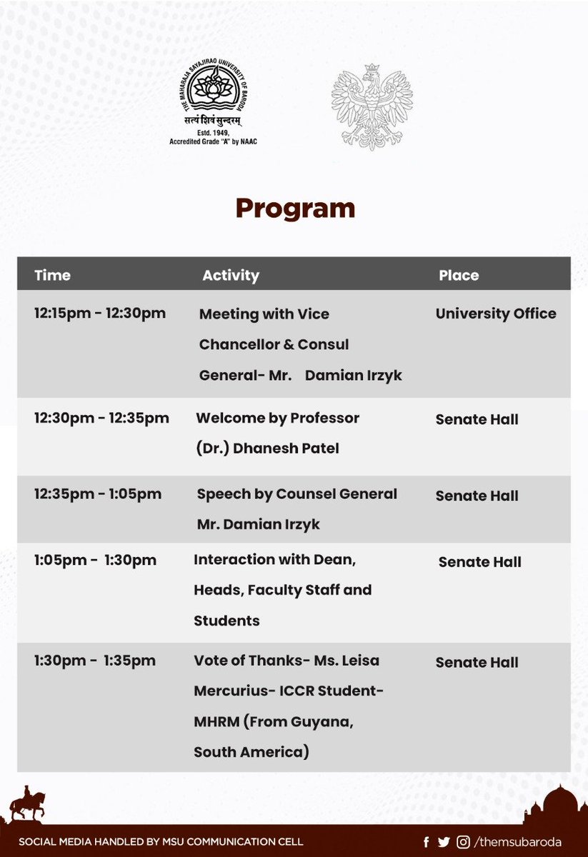 Themsubaroda's tweet photo. Office of international Affairs , The Maharaja Sayajirao University of Baroda is organizing an Interactive Meeting with Counsel Generl of Republic of Poland,Mumbai.
Date: 28th Sptember 2021
Time:12:15 pm to 1:35pm
#themsu #internationalaffairs #education #baroda https://t.co/Cl3jNaFdfg