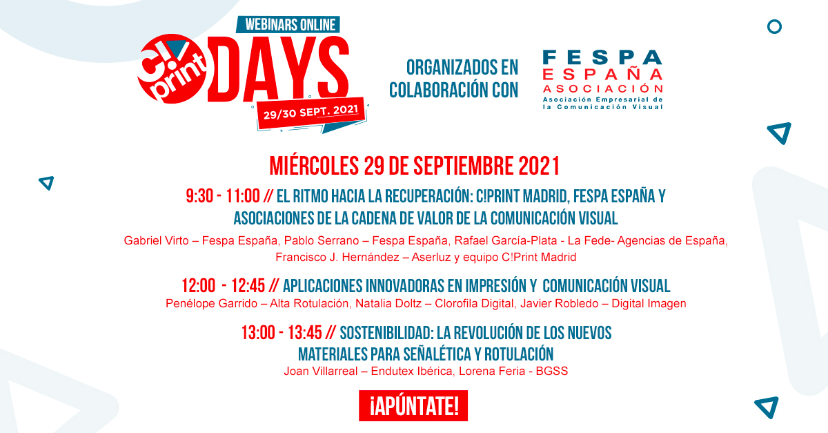 Fespa_Comunica's tweet photo. ⏰Ya queda menos para los #CPrintdays! @CPrint_Madrid #impresión #comunicacionvisual #personalización
Apuntaros ya a los #webinars gratuitos: https://t.co/gA7dNJ1zyC https://t.co/MV2nwrStn4