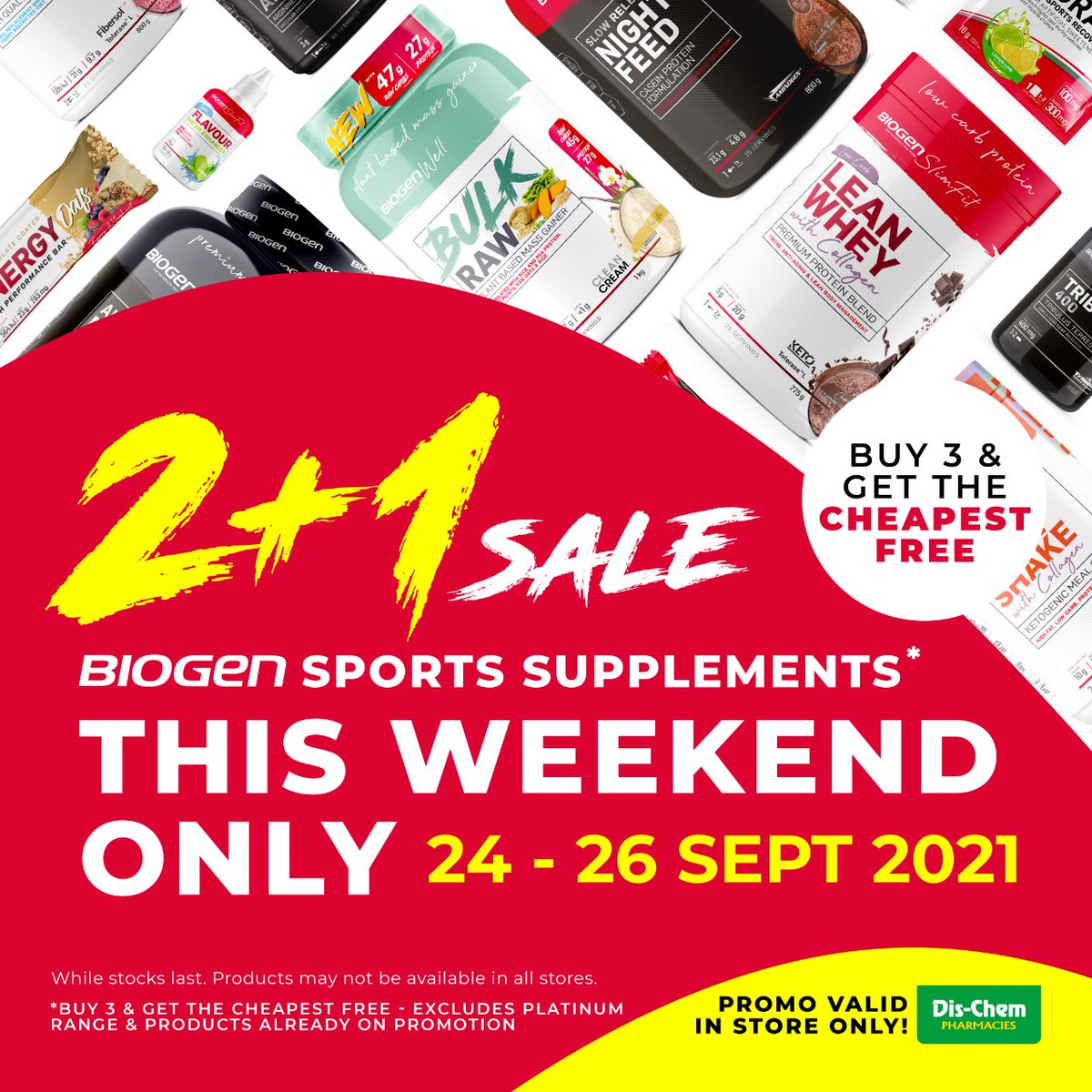 2+1 Cheapest Free - @Biogensa sale exclusively at Dis-Chem Pharmacies this weekend. Buy 3 and get the cheapest free. #DischemSale