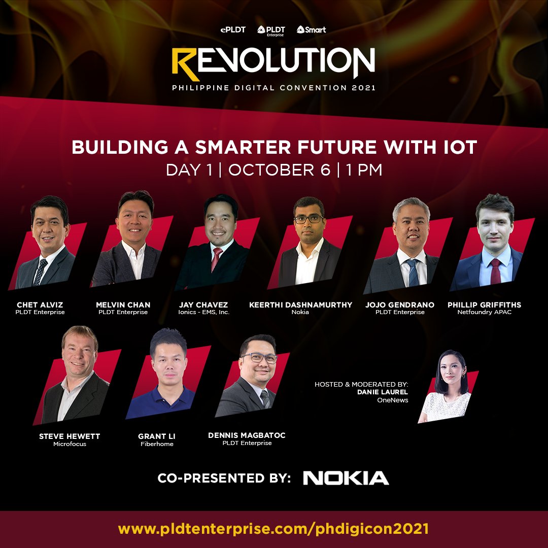 PLDTEnterprise's tweet photo. Know more about "Building a Smarter Future with IoT" during REVOLUTION: #PHDigicon2021's Tech Leadership Forum on October 6 at 1PM and hear straight from global technology leaders. Register today: https://t.co/rGiKCWKZ6E https://t.co/8ZYrL3tN0j