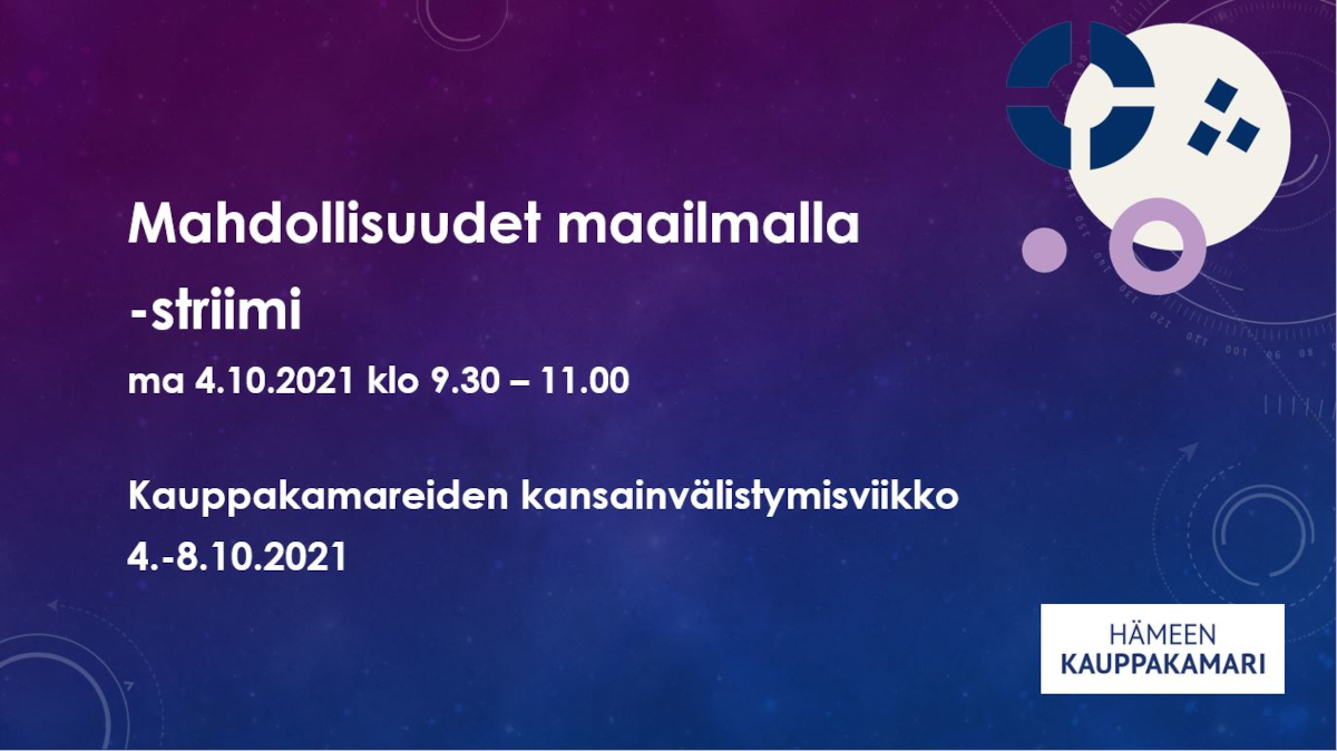 K2HAM_'s tweet photo. Tule seuraamaan Mahdollisuudet maailmalla -striimiä #kauppakamarin studiosta. Keskustelussa mukana #kauppakamari @EerikainenJussi, @KoskisenOy Tommi Sneck, Herkkumaan @AtteRekola, @hameenliitto Häme Goes Global -hanke @KristaTaipale1 
Ilmoittaudu >>> https://t.co/ZSDAFmGEEK https://t.co/wQojQsRD4o