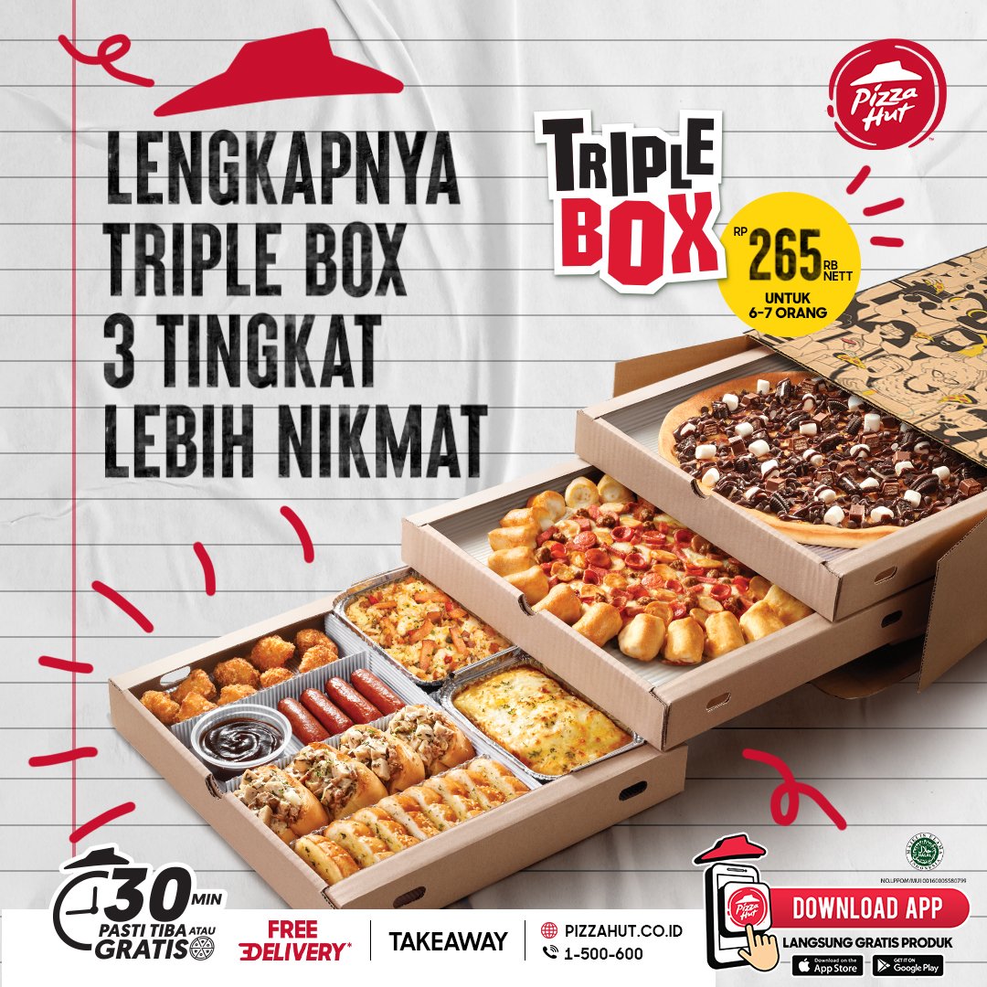 Pizza_HutID's tweet photo. Pesen #TRIPLEBOX:
Lebih banyak karena 3 tingkat ✅
Isinya lebih nikmat ✅
Makan bareng di rumah jadi lebih seru dan semangat ✅ https://t.co/QC6BCTi0c4