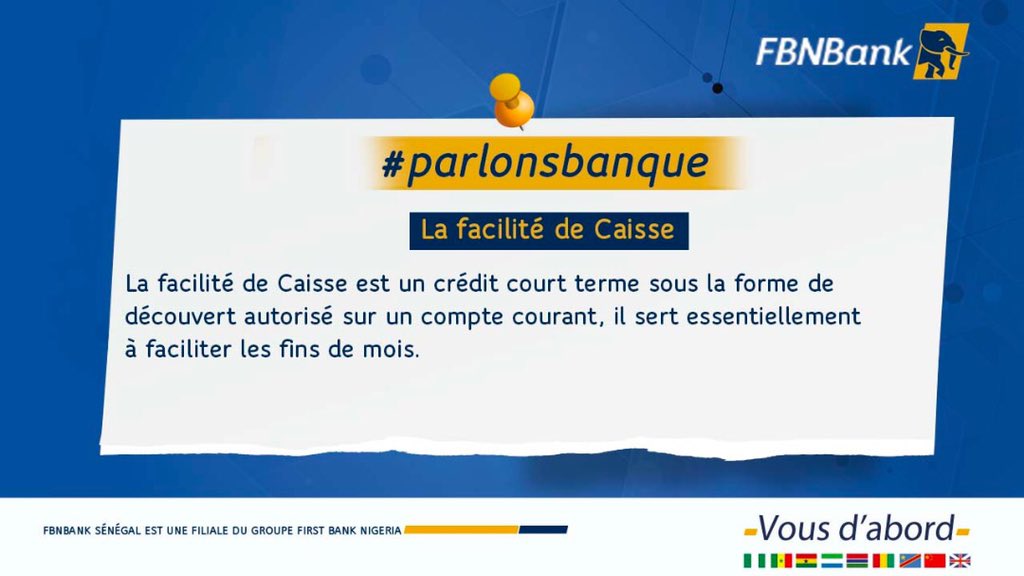 FBNBank_Senegal's tweet photo. #ParlonsBanque. 
Qu’est-ce qu’une facilité de caisse ?
Découvrez la réponse dans notre rubrique.
#FbnbankSenegal #FirstBank #ParlonsBanque #Senegal https://t.co/lyxrRwad70