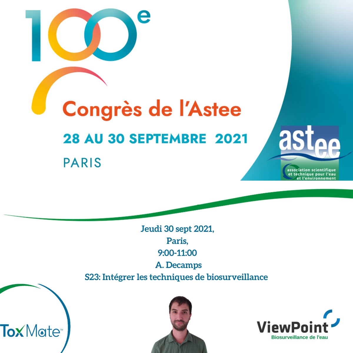 ToxMate's tweet image. Retrouvez-nous ce jeudi 30 sept au 100 ème Congrès de @AssociationAstee. Mr Decamps y animera une conférence autour des retours d'éxpérience sur les aspects de la biosurveillance en ligne des eaux traitées de step urbaine et step industrielle. #astee  #collectivités #eauxusées