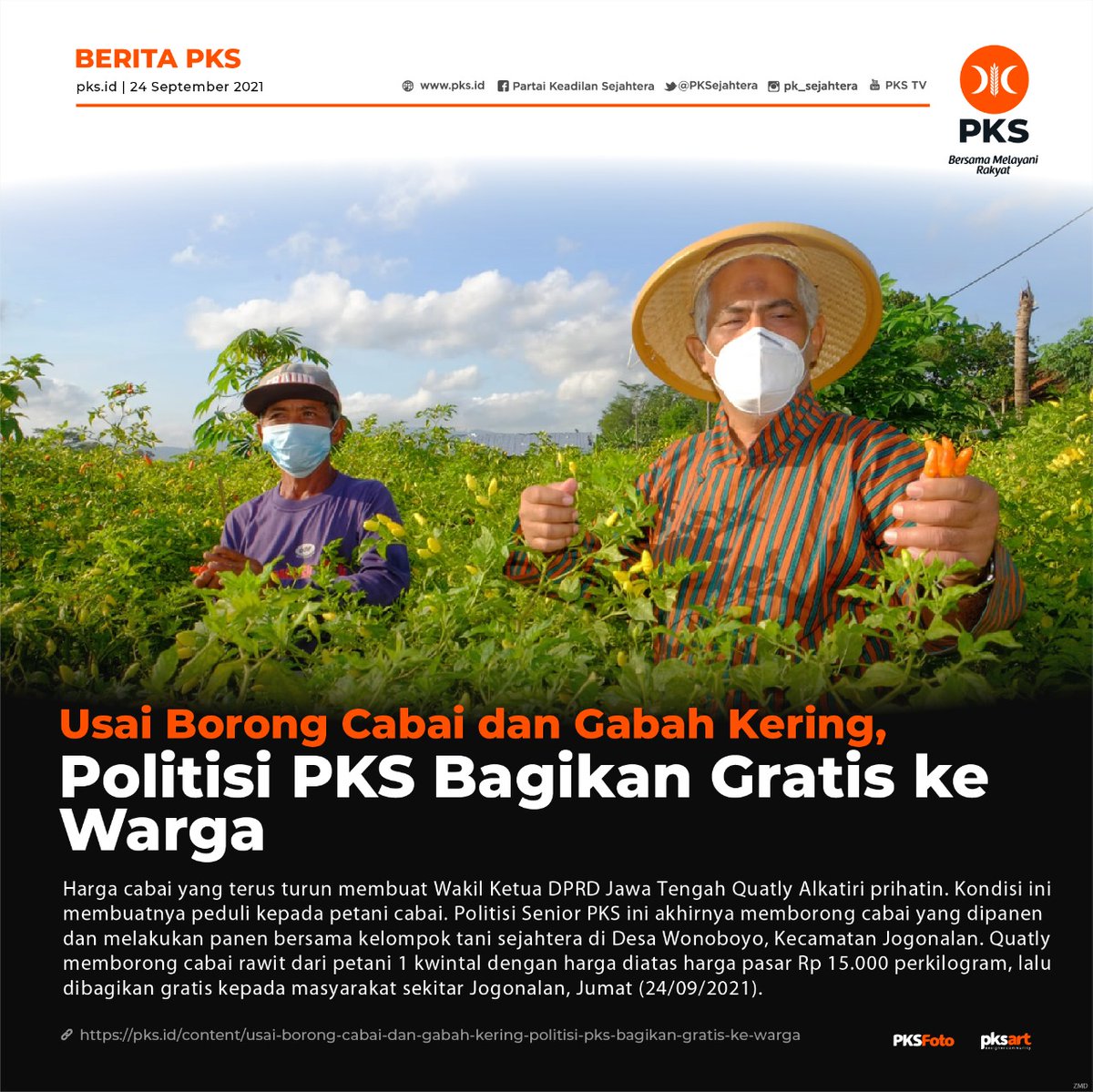 PKSejahtera's tweet photo. Banyak petani yang mengeluhkan harga cabai dan gabah yang murah saat dijual ke pasar. @PKSjateng borong cabai dan gabah kering dan bagikan gratis ke warga.
#HariTaniNasional
https://t.co/OmopFj6rW6 https://t.co/CIporKEKLP