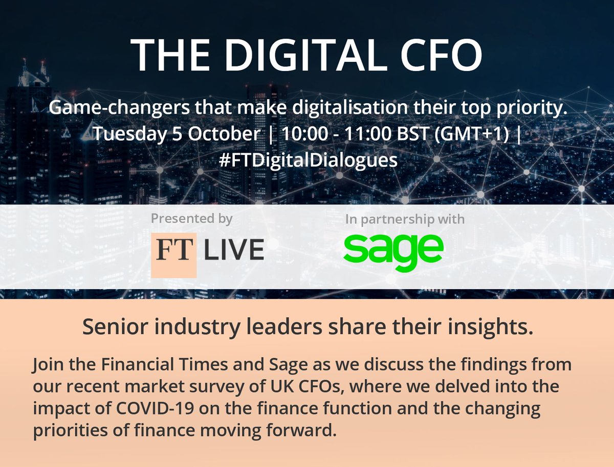 Calling all CFOs &amp; FDs! The Financial Times in association with Sage are holding a free webinar on the future of finance. Connect and build relationships with some of the biggest names in your industry. lnkd.in/gj7rEvj7 REGISTER NOW!  #financeleaders #financeandaccounting