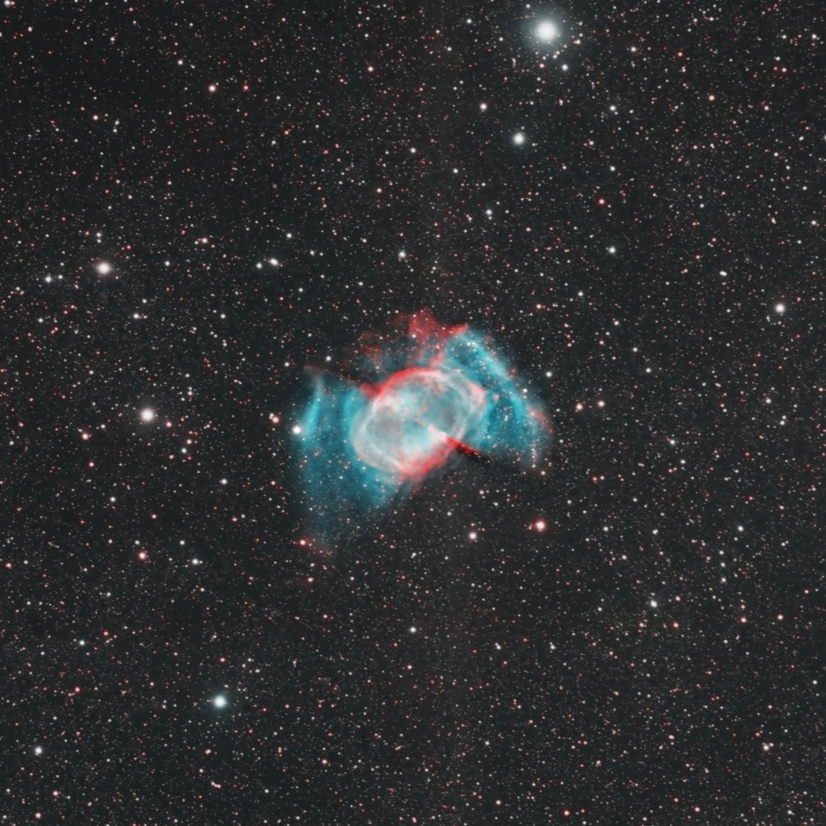 Dumbbell Nebula, türkçe Halter bulutsusu. Her zaman olduğu gibi çekimi ben yaptım istifledim ama bu güzelliği ortaya çıkaran #canrifatturcan, kendisine çok teşekkür ediyorum. İki dar bant filtre kullanıldı: Ha'da 143x600sn, OIII'de ise 99x600sn. Sevgilerimle...