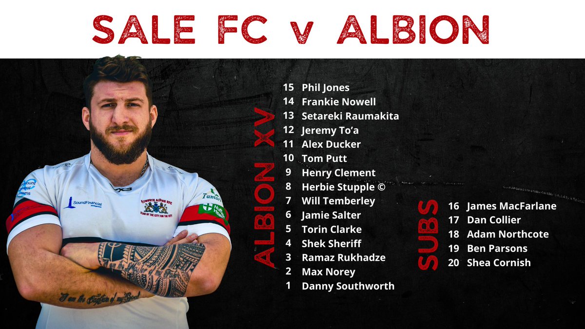 Albion_RFC's tweet photo. ⭐𝗧𝗘𝗔𝗠 𝗦𝗘𝗟𝗘𝗖𝗧𝗜𝗢𝗡⭐

Here's your starting Albion team for our away game against Sale FC this weekend. 

#AlbionAsOne #Plymouth #Rugby https://t.co/GKKy3PKbk9