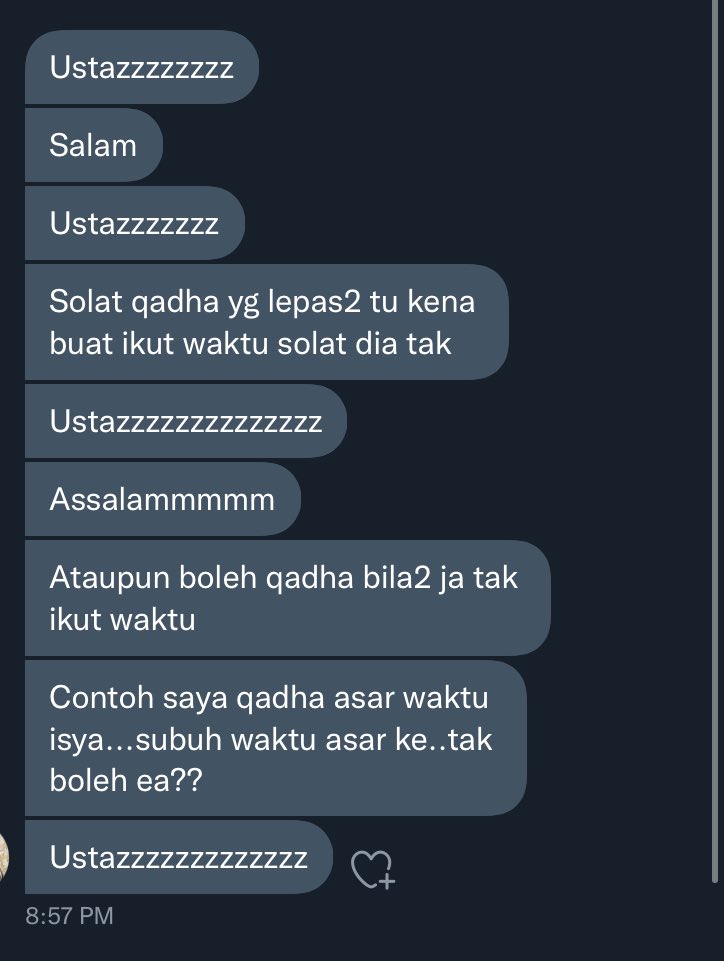 Muzuzxck's tweet photo. Wasalammmmmm

Dibenarkan solat qadha pada waktu yang bukan waktu asalnya. Contoh : qadha isya’ pada waktu zohor

Tiada masalah. https://t.co/TRFC8uhie8