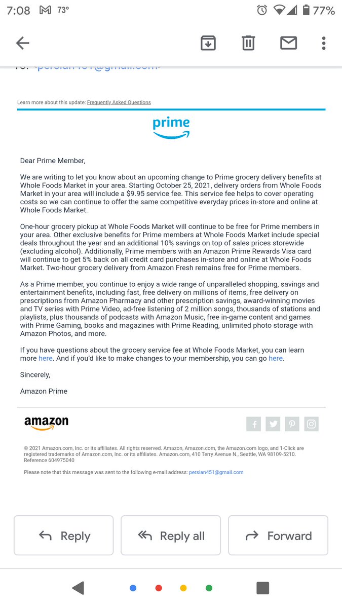 mitrajoon246071's tweet photo. So what's the point of being a prime member again? $10 service fee for deliveries on top of paying an annual fee?! Might as well use Instacart, at least I have other stores to choose from... #AmazonPrime #Amazon #RipoffReport #WholeFoods https://t.co/RWCuKSGgbo
