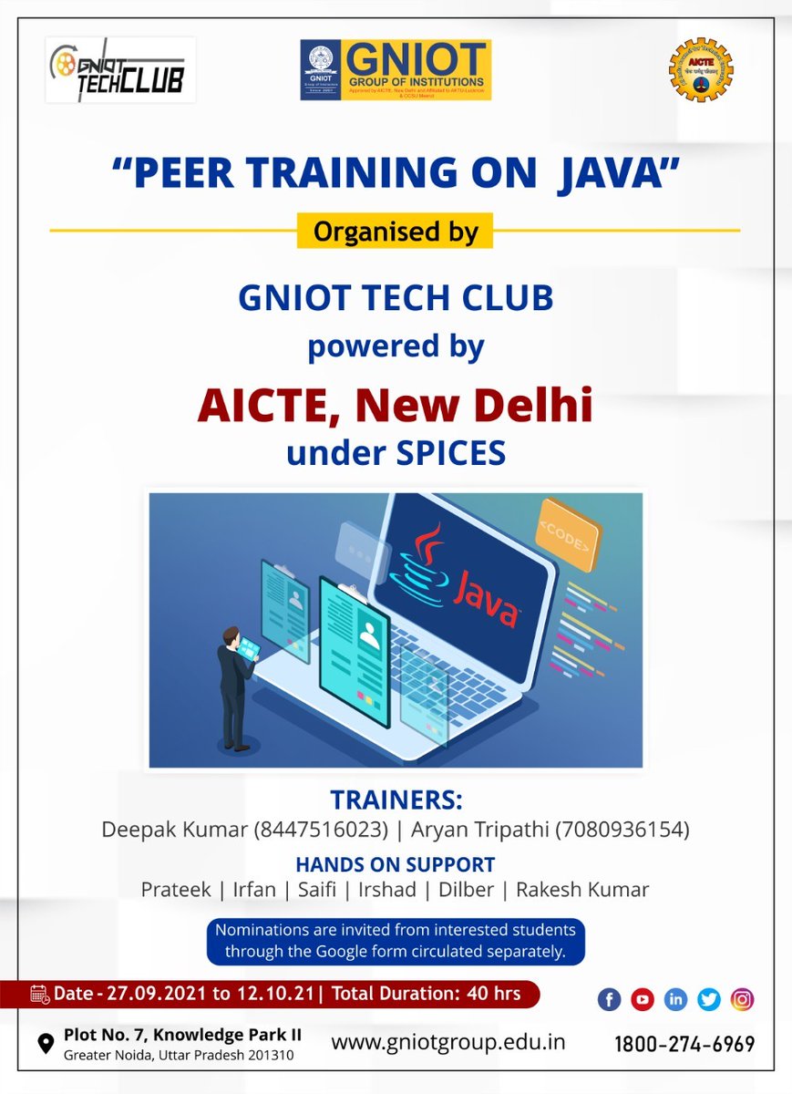 GNIOTCollege's tweet photo. GNIOT Tech Club is organising 40hrs Peer Training on Java from 27th Sept to 12th Oct at college campus. Hopefully, this event will be an exciting and enriching experience for the students. #GNIOT #GreaterNoidaCollege #Institute #GNIOTTechClub #TechClub #Java #PeerTraining https://t.co/imYHsu7Txy