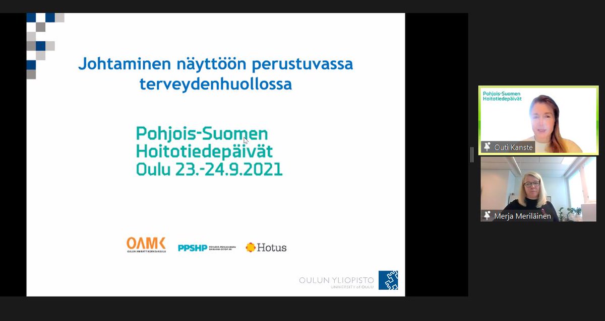 HST_OY's tweet photo. Outi Kanste ja Merja Meriläinen avaavat puheenvuorossaan muun muassa sitä, millaista osaamista johtajat tarvitsevat näyttöön perustuvassa sotessa. #PSHTP21 #PSHTP #PSHTP2021 #Hoitotiedepäivät https://t.co/iiIDs6IBly