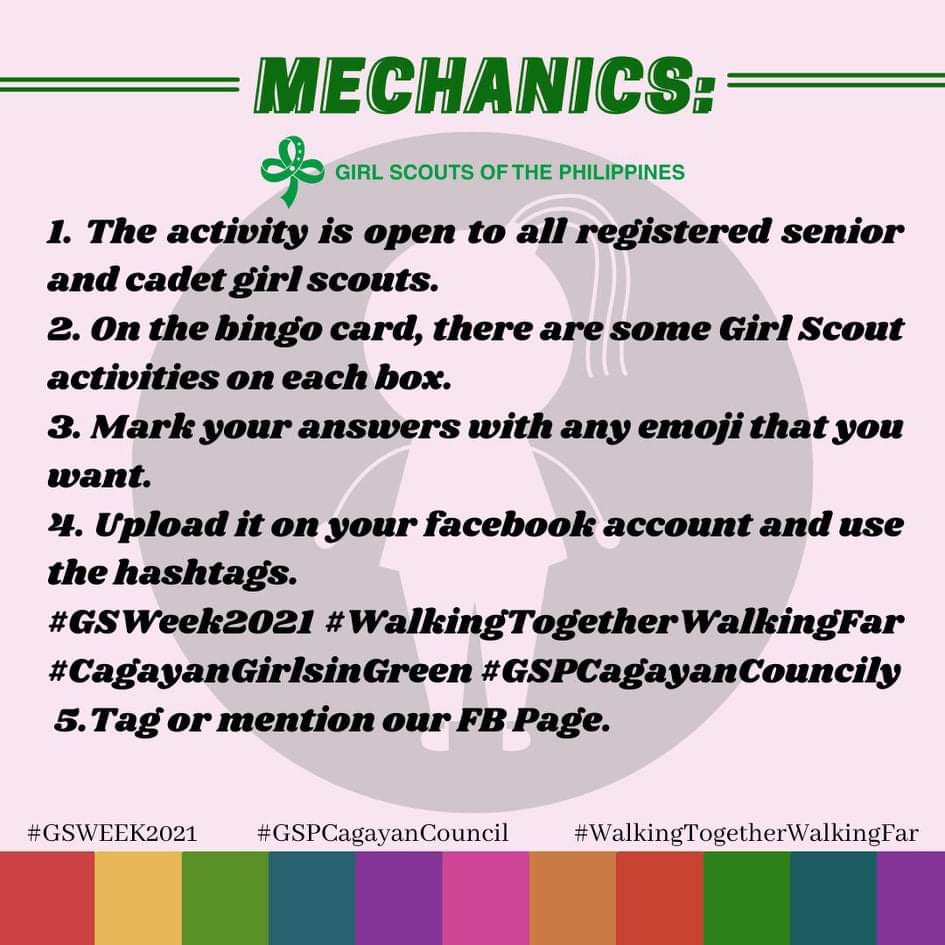CagayanGsp's tweet photo. and environmental management. Using the bingo card with the different activities of girl scouts, mark your answers using any emoji of your choice. Enjoy!

#GSWeek2021
#WalkingTogetherWalkingFar
#CagayanGirlsinGreen
#GSPCagayanCouncil https://t.co/MbO2IUGsqE