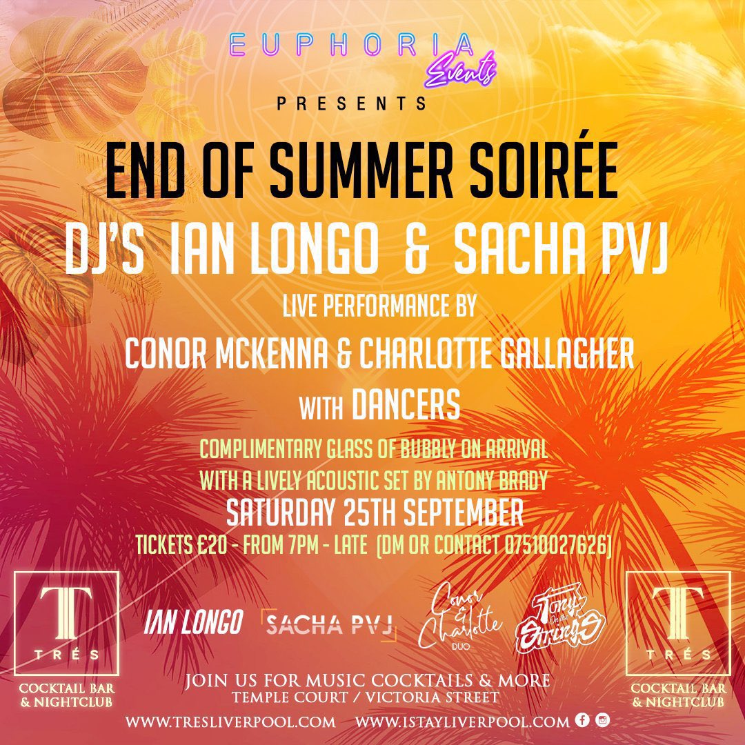 Say goodbye to the Summer party season in style this weekend with an evening of live entertainment at Liverpool’s newest cocktail bar & nightclub @TresLiverpool @ianlongo @sachapvj 🥂🎊 BOOK TICKETS: bit.ly/3CKd0AO MORE HERE: bit.ly/3AgSo1H