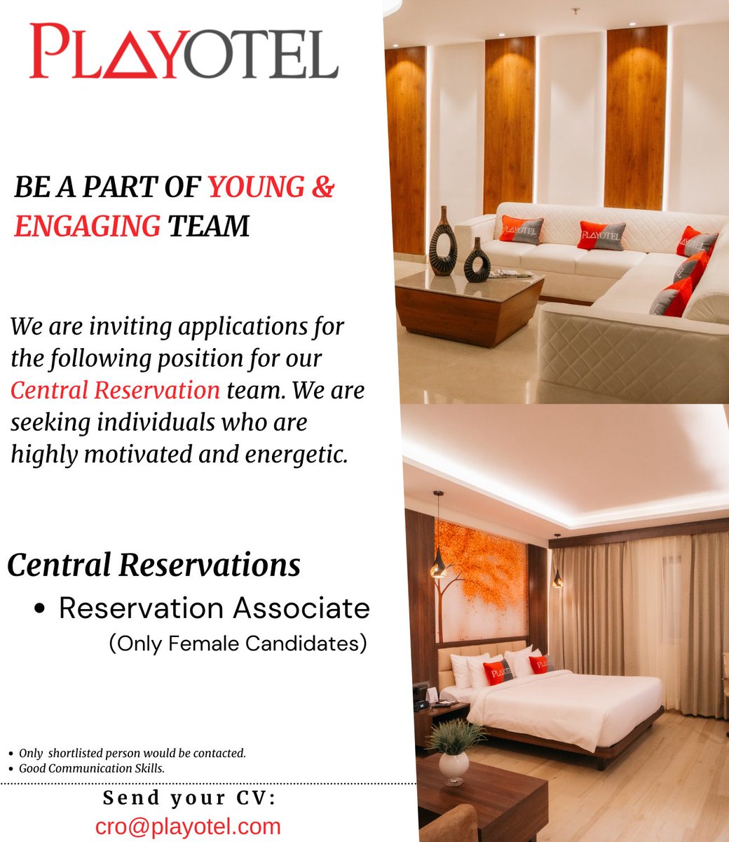 playotelhotels's tweet photo. “We’re Hiring”
Be a part of young and engaging team.
Resumes are invited at- cro@playotel.co

#playotel #playotelhotels #hotels #hotelandresorts #resorts #playotelpremier #guna #indore #centralreservation #reservstions #central https://t.co/LSqpYnl5TC