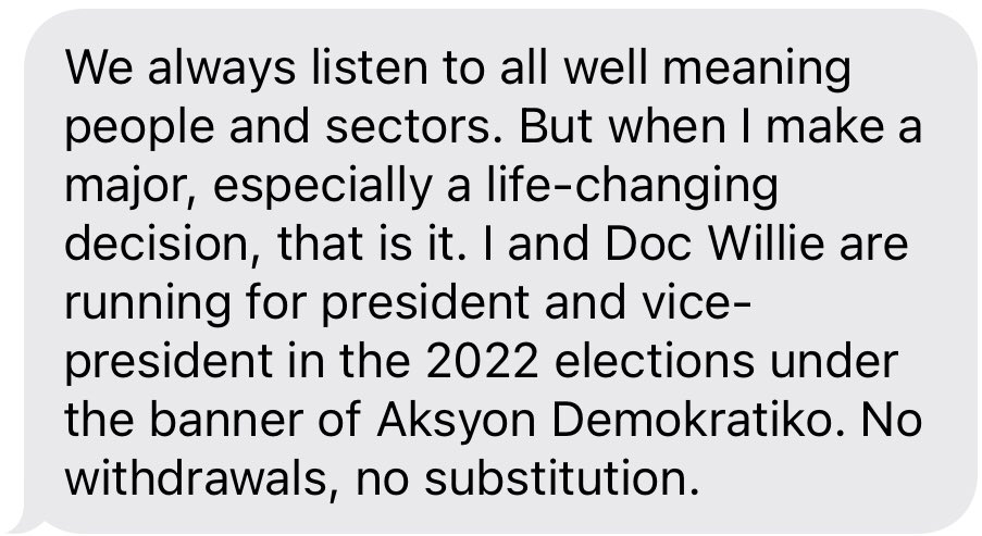 Joseph_Morong's tweet photo. Manila Mayor Isko Moreno on 1Sambayan’s hope that declared candidates will still withdraw to make way for one opposition candidate: no withdrawals, no substition. @gmanews https://t.co/Tcb7lNqTax