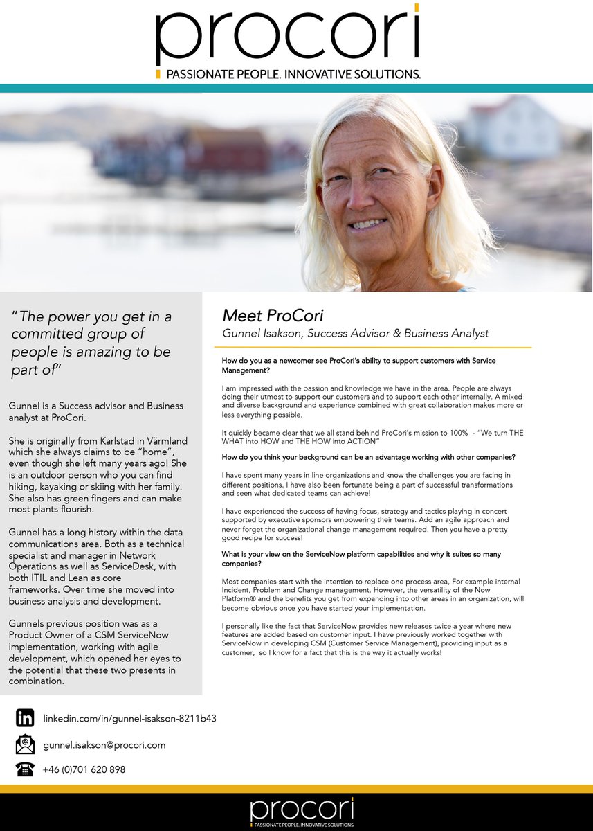 Lets meet Gunnel, she is a Success Advisor and Business Analyst. 
She is an Enterprise Service Management expert &amp; has a clear sense of real-life Enterprise business challenges. 
#rockstars #digitaltransformation #workflowautomation #servicenow #servicenowpartner #procori
