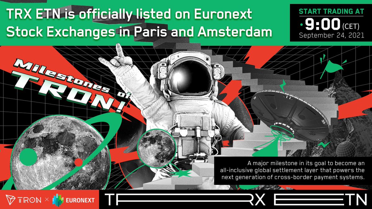justinsuntron's tweet photo. (1/3)
📢 Great news for #TRONICS!
 
⚒️ Followed by the listings on @DeutscheBoerse, VanEck $TRX ETN (#VTRX) is officially listed on the leading stock exchange @euronext in Paris and Amsterdam.
 
🤗 $TRX ETN continues to be favoured and supported by the global mainstream market. https://t.co/fCnzGj83J6