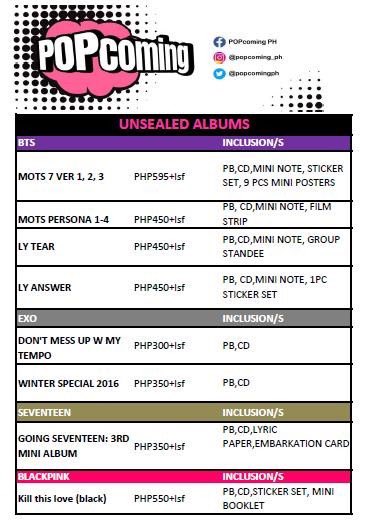 popcomingph's tweet photo. 📌WTS/LFB: UNSEALED ALBUMS - BTS,EXO,SEVENTEEN,BLACKPINK

📌ALL ITEMS ARE ON-HAND AND READY TO SHIP. w FREEBIED 💗

For more details, kindly DM us :)

Keep it POP! https://t.co/AS3VWlFWef