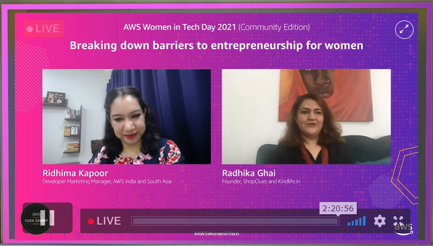 awsugindia's tweet photo. Keep your pen and papers ready, ladies! Here's @Radhikaaggarwal from @ShopClues sharing some top #entreprenurship lessons at #AWSWomeninTech Day Community edition with @RKridhima . Join here: https://t.co/usBoz64bOK #womenintech https://t.co/p8weK3mho6