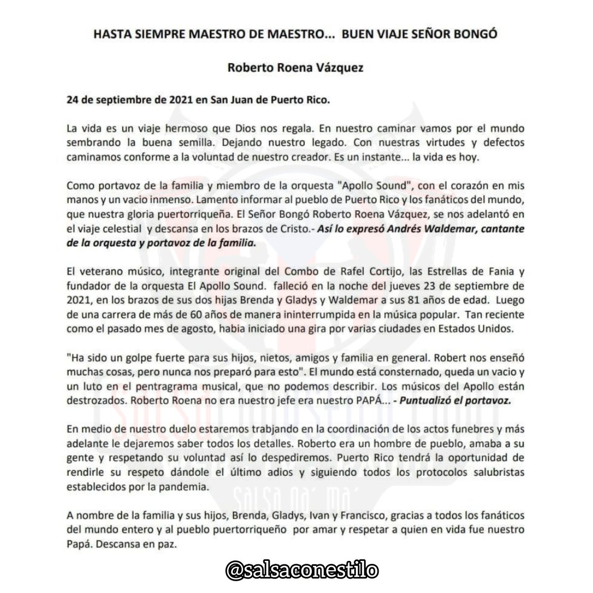 📢 Comunicado Oficial de la Familia del Maestro #RobertoRoena sobre su fallecimiento en Puerto Rico🙏 ¡Hasta siempre Roena! 📻 salsaconestilo.com
