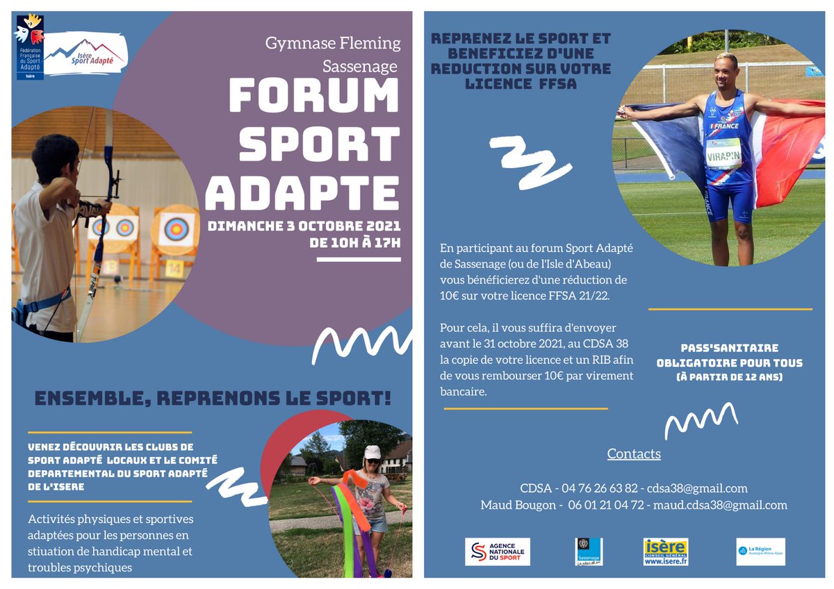 🏊‍♀️🏀🏃🏓🏇🧘🏈🎾🧗‍♀️
2 forums à ne pas manquer avec les clubs isèrois Sport Adapté!
 ➡ 𝗦𝗮𝗺𝗲𝗱𝗶 𝟮/𝟭𝟬 - 𝟭𝟯𝗵𝟯𝟬 à 𝟭𝟳𝗵𝟯𝟬 - 𝗜𝘀𝗹𝗲 𝗱'𝗔𝗯𝗲𝗮𝘂
 ➡ 𝗗𝗶𝗺𝗮𝗻𝗰𝗵𝗲 𝟯/𝟭𝟬 - 𝟭𝟬𝗵 à 𝟭𝟳𝗵 - 𝗦𝗮𝘀𝘀𝗲𝗻𝗮𝗴𝗲
😉❗️ -10 € sur licence FFSA pour les participants👍