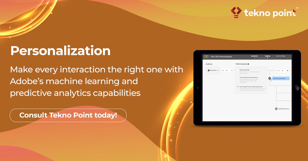From web to mobile to email, automatically deliver the most relevant content to every buyer for personalized experiences and meet their rising expectations. 

Partner with us to make the most of #AdobeTarget’s #Personalization feature - teknopoint.in

#TeknoPoint #Adobe