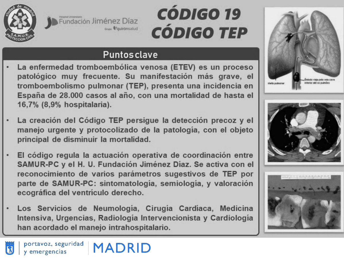 SAMUR_PC's tweet photo. El #códigoTEP es el procedimiento de coordinación para el manejo del Tromboembolismo Pulmonar entre el @Hospital_FJD
y @SAMUR_PC.
Dicho procedimiento es pionero a nivel nacional y tiene como objetivo la disminución de la mortalidad en pacientes con esta patología. https://t.co/cWNOelNLtg