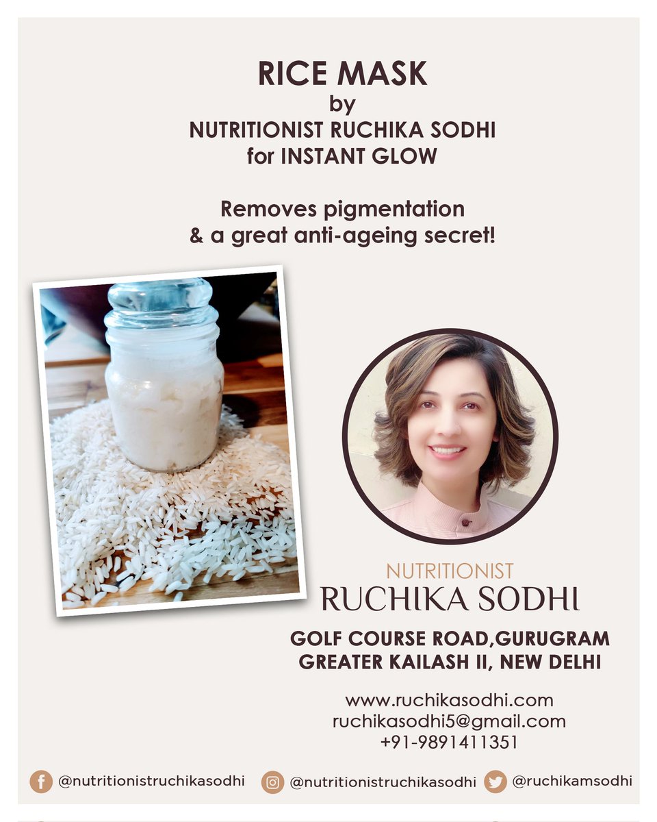 ruchikamsodhi's tweet photo. One of the oldest beauty secrets - Rice Mask!!
Call today for more details:
+91-9891411351
@tweakindia
@feminaindia
@wearegurgaon_
@whatsupgurgaon
@gurgaonmoms
@thefirstindia
@firstindianews
@neerubhatia3
@CosmoIndia
@VOGUEIndia
#NutritionistRuchikaSodhi #ricemask https://t.co/HfAqwi2w7b